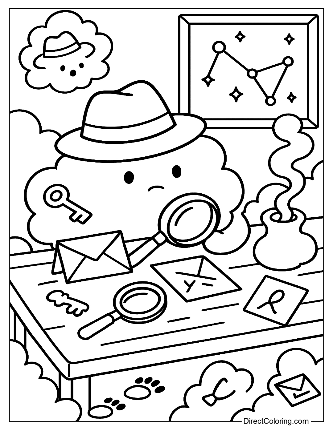 A cloud detective agency with a desk, magnifying glass, and star map coloring free
